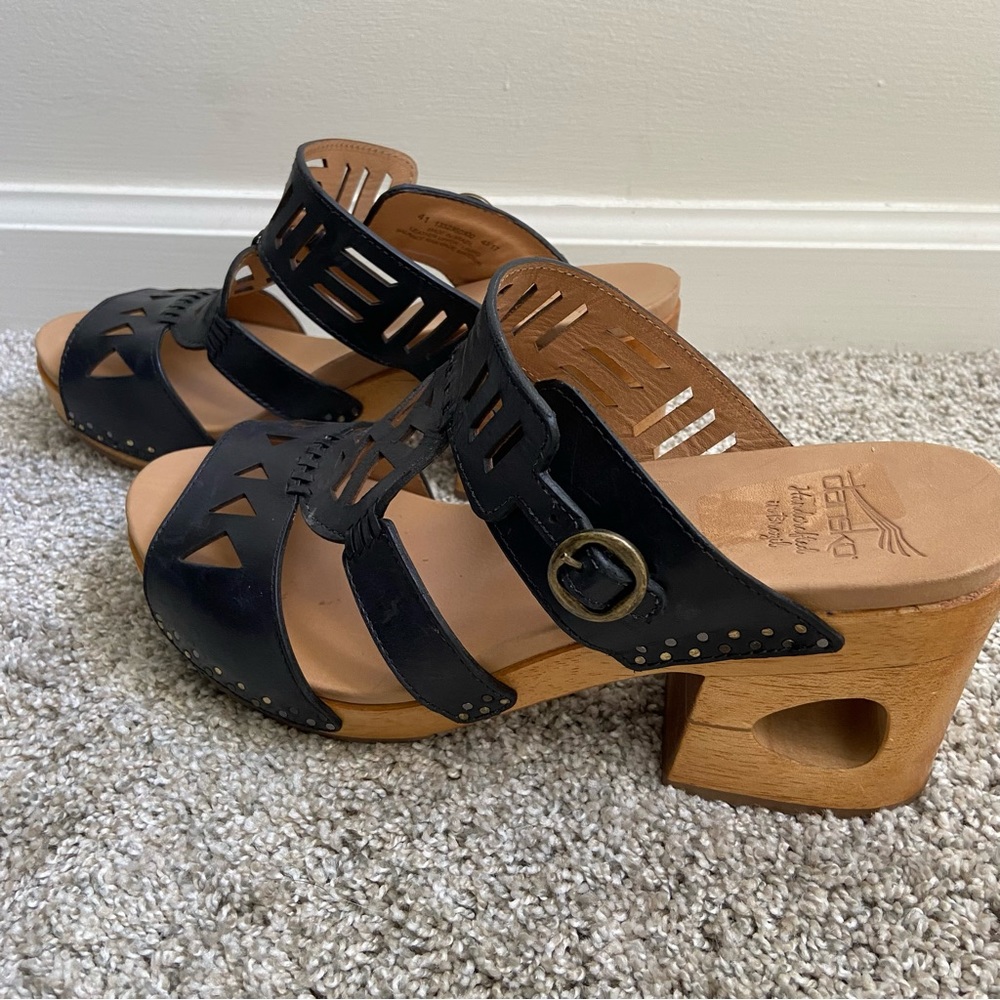 Dansko Black Leather Cutout Studded Wooden Heel Sandals - Picture 8 of 10